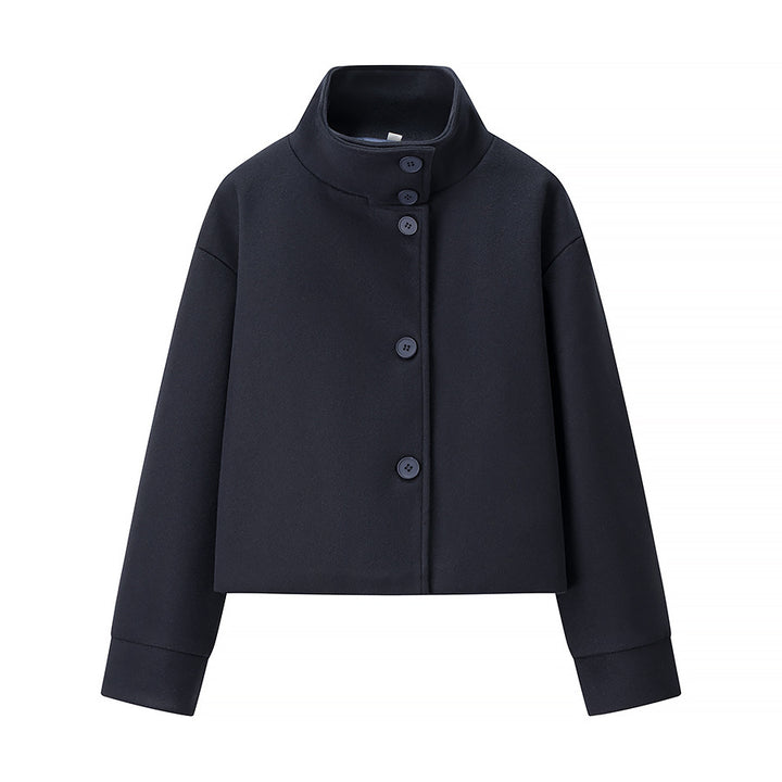 Women's Short Jacket Boxy Wool Blend with Stand-Up Collar, Oversized Sleeves and Button Placket Mune Fashion