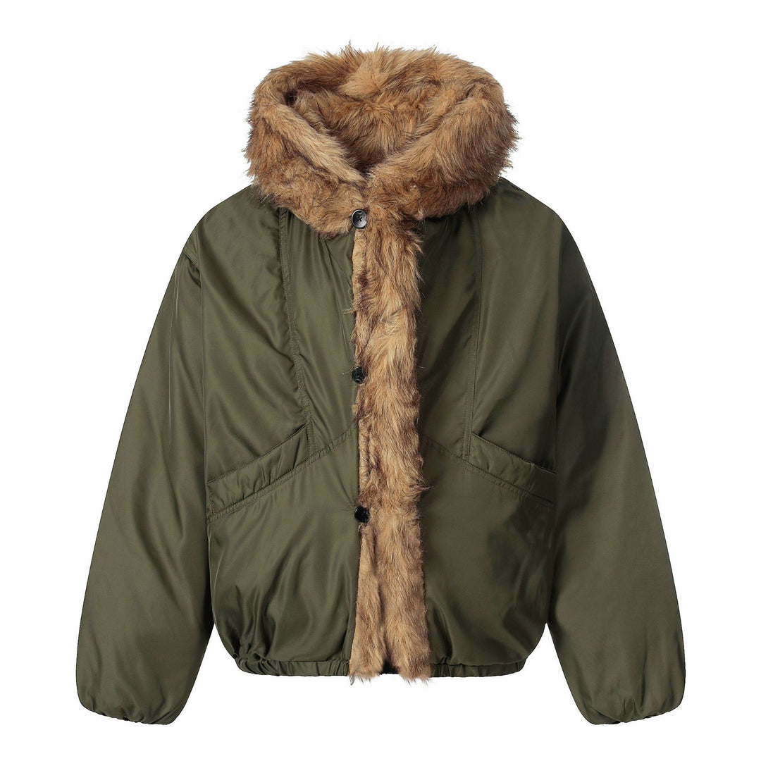 Ladies short jacket with faux fur trimmed hood and braided fur trim Mune Fashion