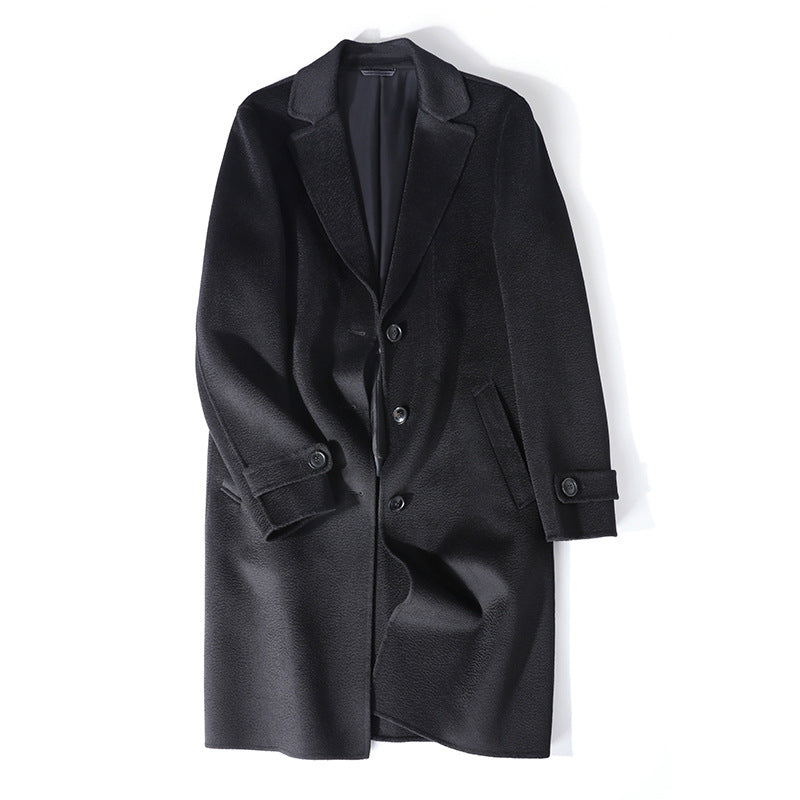 Men's Single-Breasted Wool Blend Coat with Notched Lapel, Button Placket and Sleeve Strap Mune Fashion