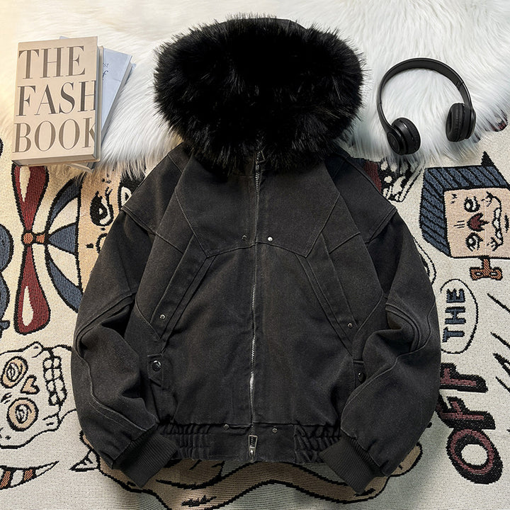 Unisex Quilted Bomber Jacket with Large Hood and Faux Fur Trim Mune Fashion