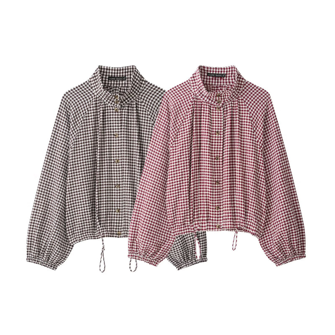 Ladies Checked Blouse with Stand Collar, Raglan Sleeves and Drawstring Hem Mune Fashion