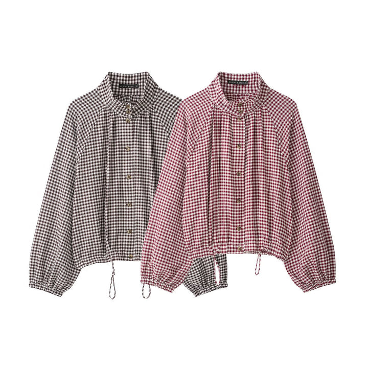 Ladies Checked Blouse with Stand Collar, Raglan Sleeves and Drawstring Hem Mune Fashion