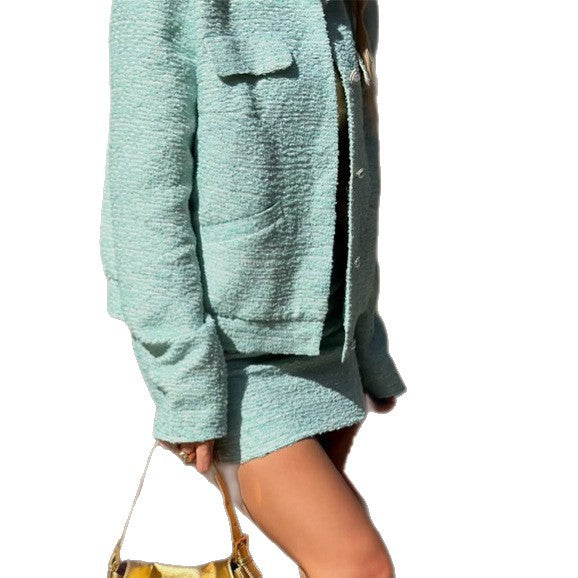 Women Tweed Two-Piece Short Jacket and Mini Skirt in Boucle Style Mune Fashion