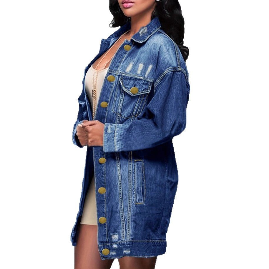Women's Oversize Longline Denim Jacket with Distressed Details and Flap Pockets Mune Fashion