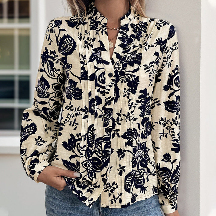 Women's Elegant Blouse with Floral Pattern Mix and Stand Collar Mune Fashion