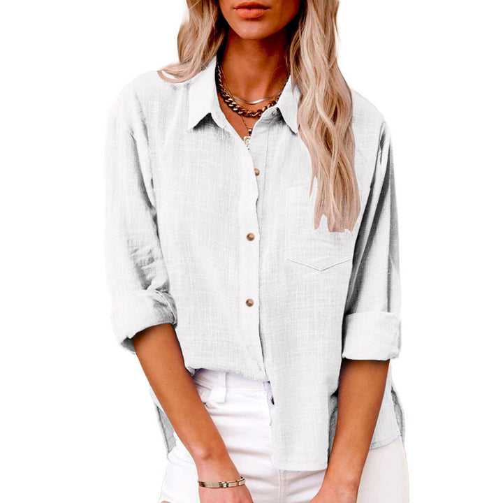 Women's oversized linen-cotton blend shirt blouse with breast pocket and roll-up sleeves Mune Fashion