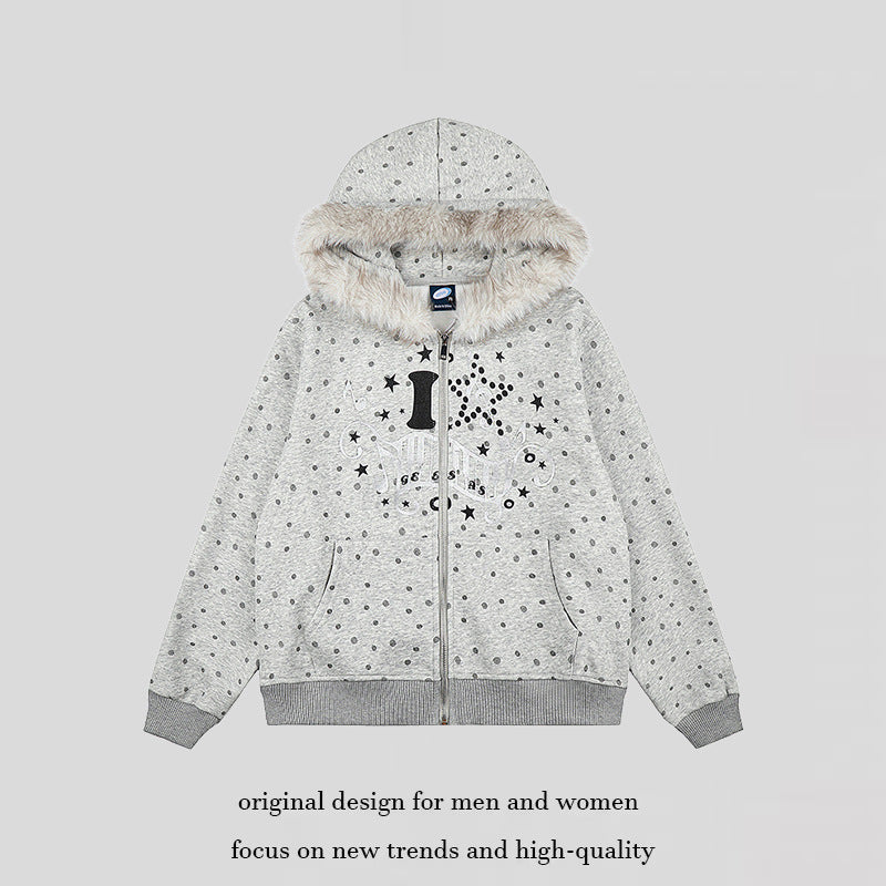 Women's Polka Dot Hooded Sweat Jacket with Faux Fur Trim, Full Zip and Kangaroo Pockets Mune Fashion