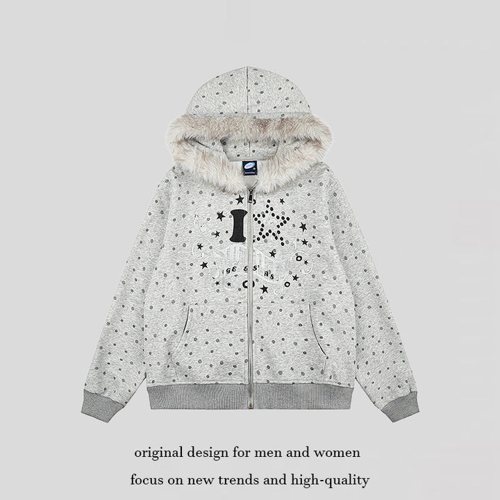 Women's Polka Dot Hooded Sweat Jacket with Faux Fur Trim, Full Zip and Kangaroo Pockets Mune Fashion