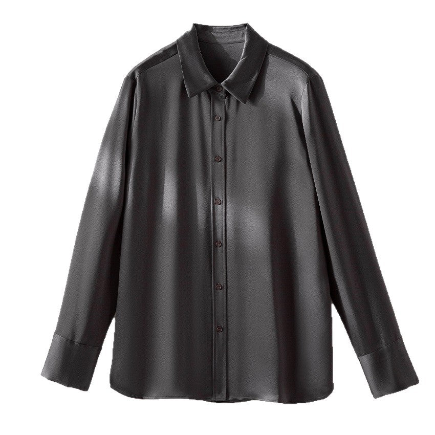 Women's Silk-like Blouse with Classic Shirt Collar, Front Button Placket and Extended Cuffs Mune Fashion