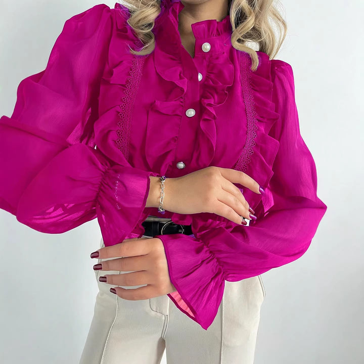 Women's ruffle blouse made of chiffon with stand-up collar and pearl buttons Drune