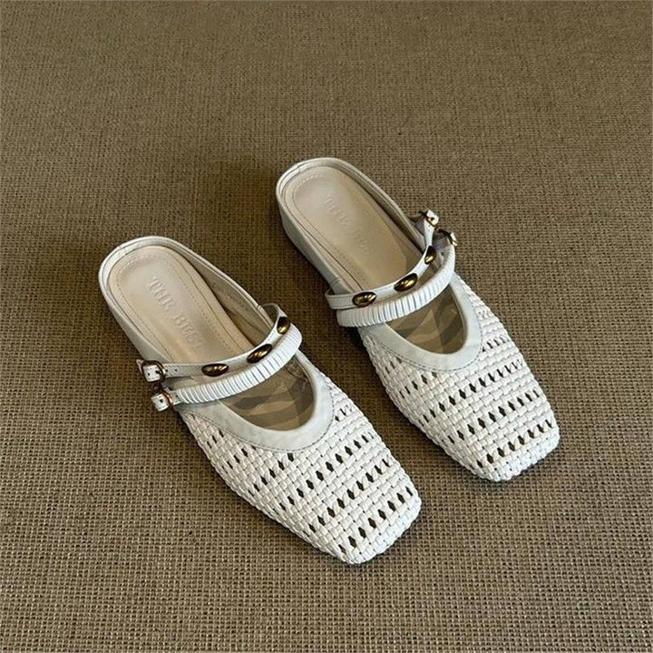 Women's Braided Mule Slippers with Square Toe and Double Adjustable Strap Mune Fashion
