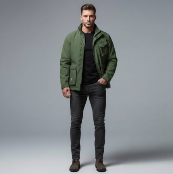 Men's Lightweight Utility Field Jacket with Stand-Up Collar, Multiple Pockets and Breathable Mesh Lining Mune Fashion