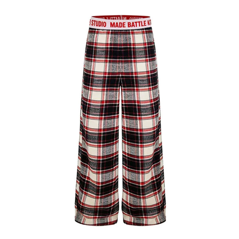 Ladies Wide Lounge Pants with Check Pattern and Elastic Logo Waistband Mune Fashion