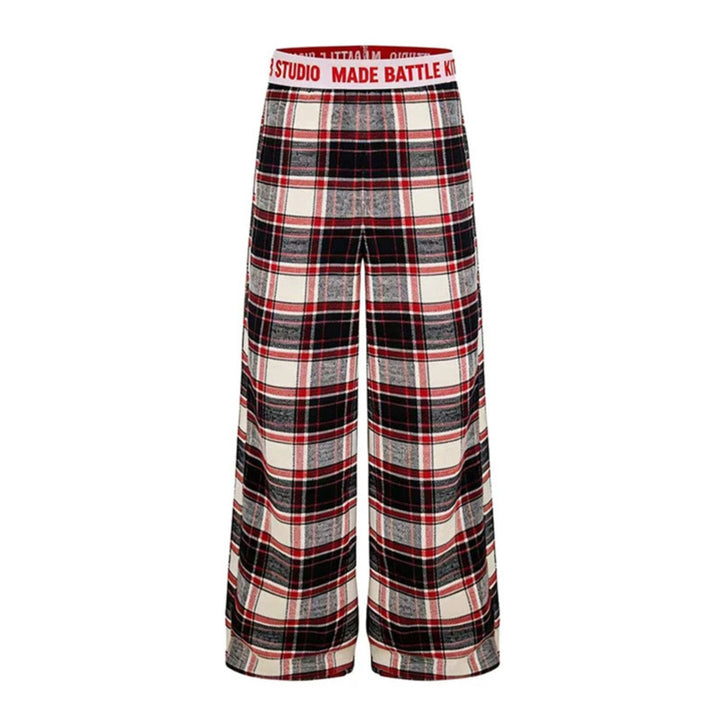 Ladies Wide Lounge Pants with Check Pattern and Elastic Logo Waistband Mune Fashion