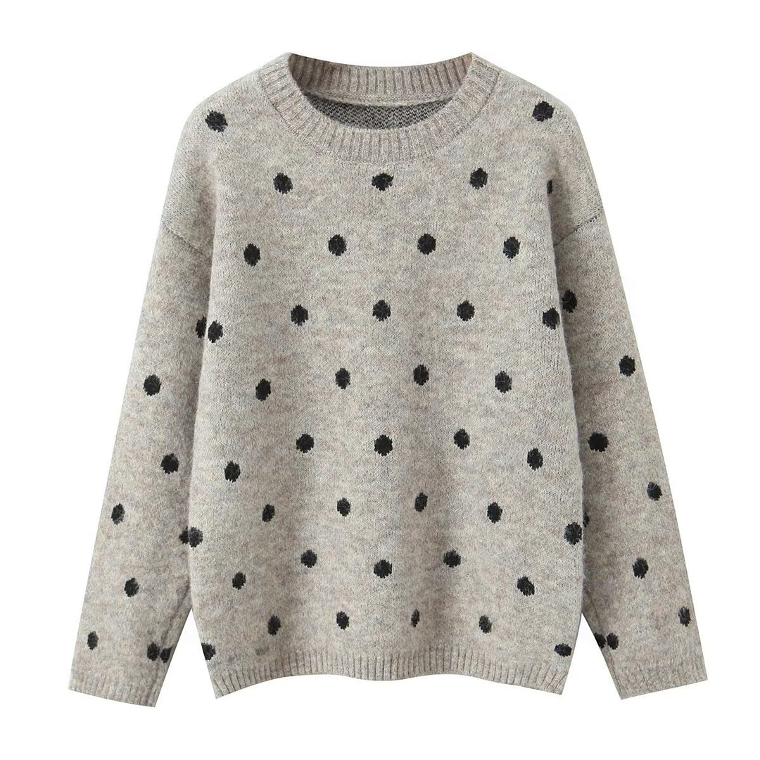 Women's Oversize Polka Dot Knit Sweater with Round Neck