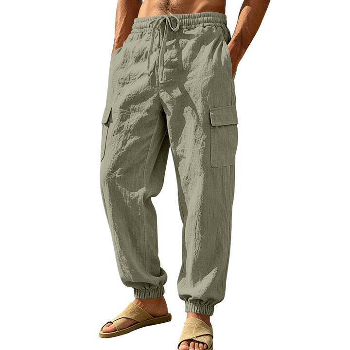 Men's lightweight cargo jogger pants made of linen blend with elastic drawstring waistband, patch flap pockets, and ribbed leg cuffs Mune Fashion