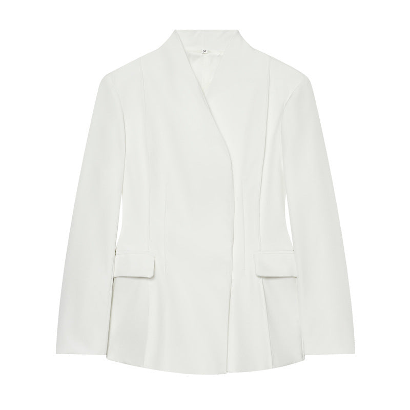 Women Tailored Collarless Blazer with Patch Pockets and Fine Dart Seam Mune Fashion