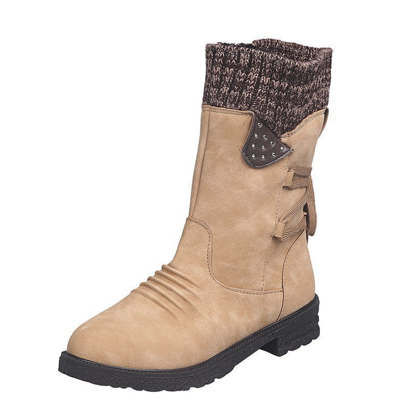 Women's Mid-Cut Boots with Knit Cuff, Decorative Cord and Velour Look Mune Fashion