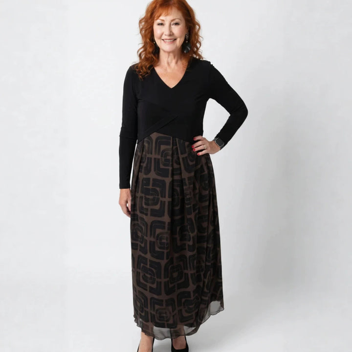 Ladies' V-neck Maxi Dress with Fitted Wrap Top and Transparent Patterned Overlay Skirt Mune Fashion