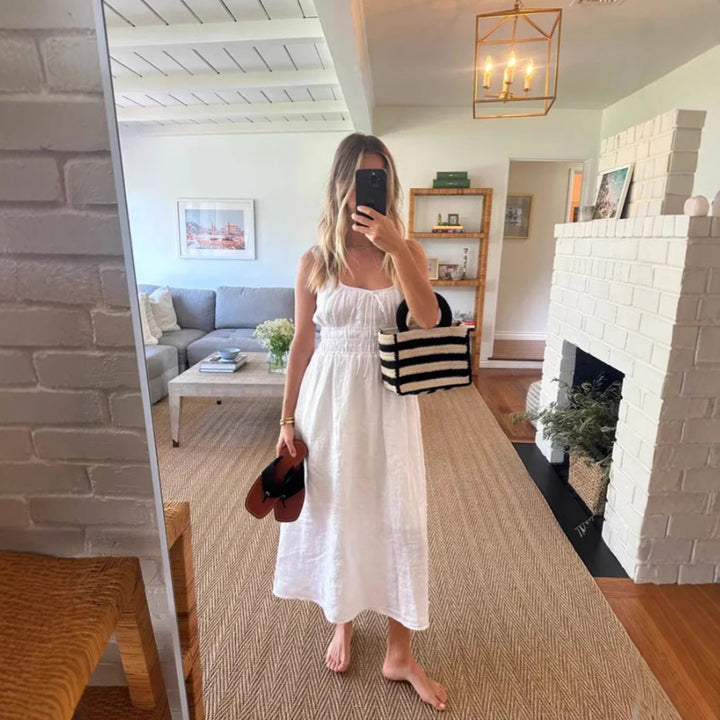 Women's knee-length linen look dress with smocked bodice, elastic waistband and wide straps Mune Fashion