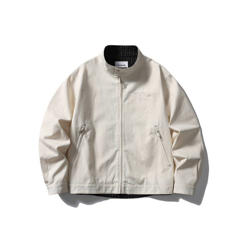 Men's lightweight cotton canvas jacket with stand-up collar and plaid lining Mune Fashion