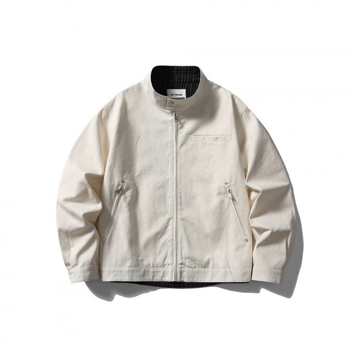 Men's lightweight cotton canvas jacket with stand-up collar and plaid lining Mune Fashion
