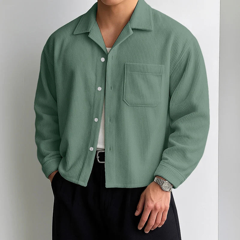 Men's ribbed long sleeve shirt with lapel collar, chest pocket, and relaxed fit Mune Fashion