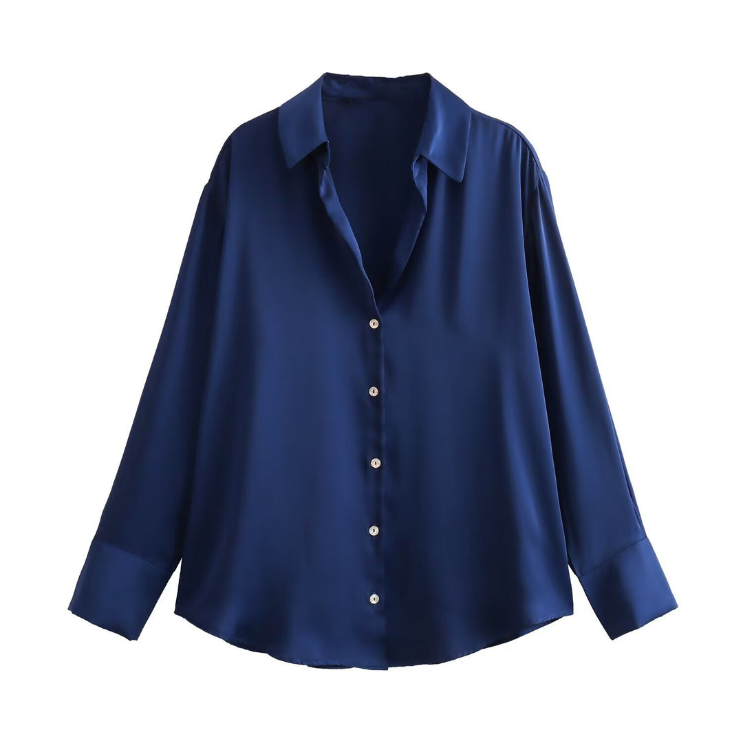 Ladies Oversized Satin Blouse with Shirt Collar and Wide Cuffs Mune Fashion