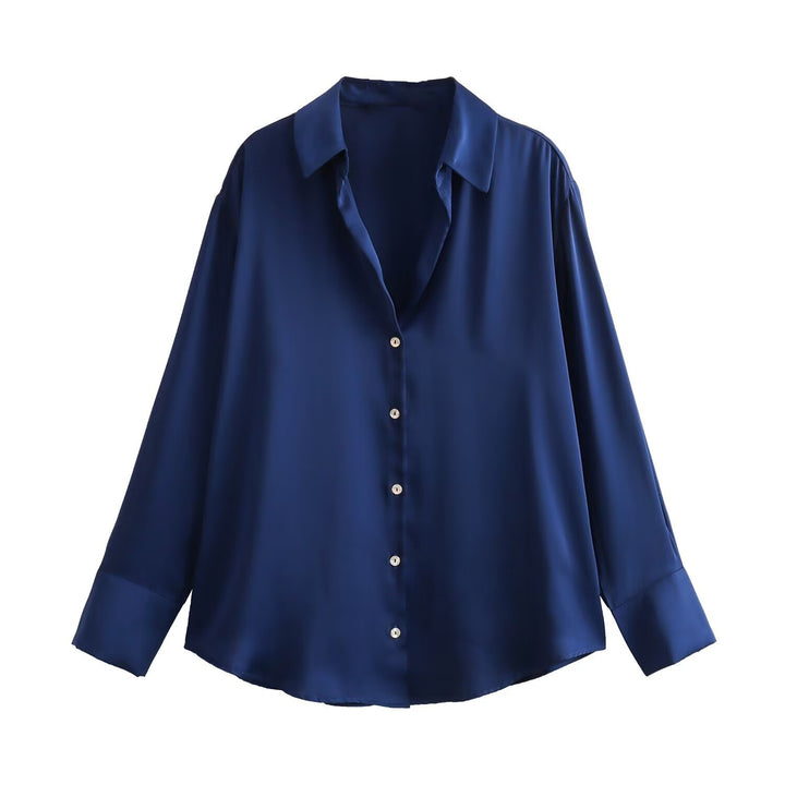 Ladies Oversized Satin Blouse with Shirt Collar and Wide Cuffs Mune Fashion