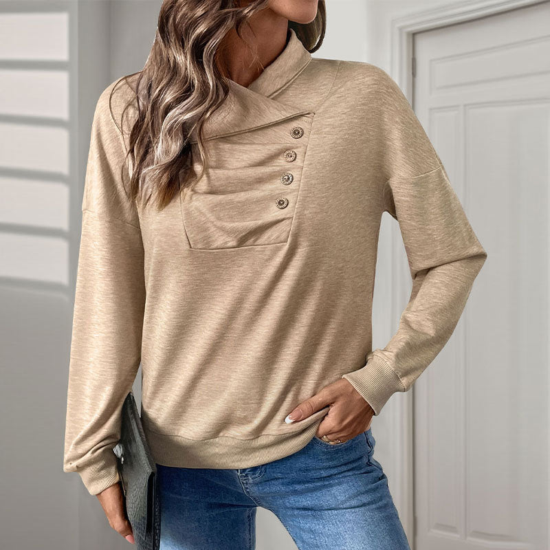 Women's Crossed Stand Collar Sweatshirt with Button Placket and Ribbed Cuffs Mune Fashion