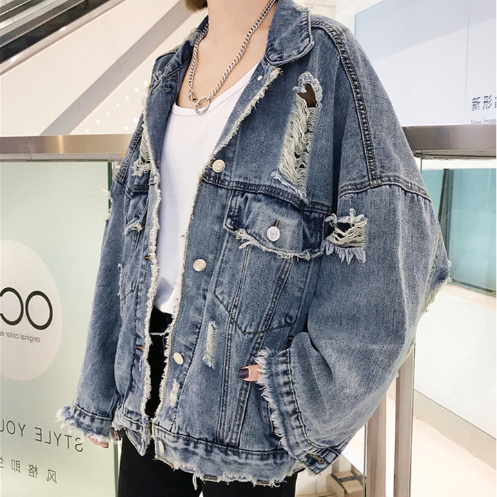 Women's Casual Oversized Denim Jacket with Destroyed Details Mune Fashion