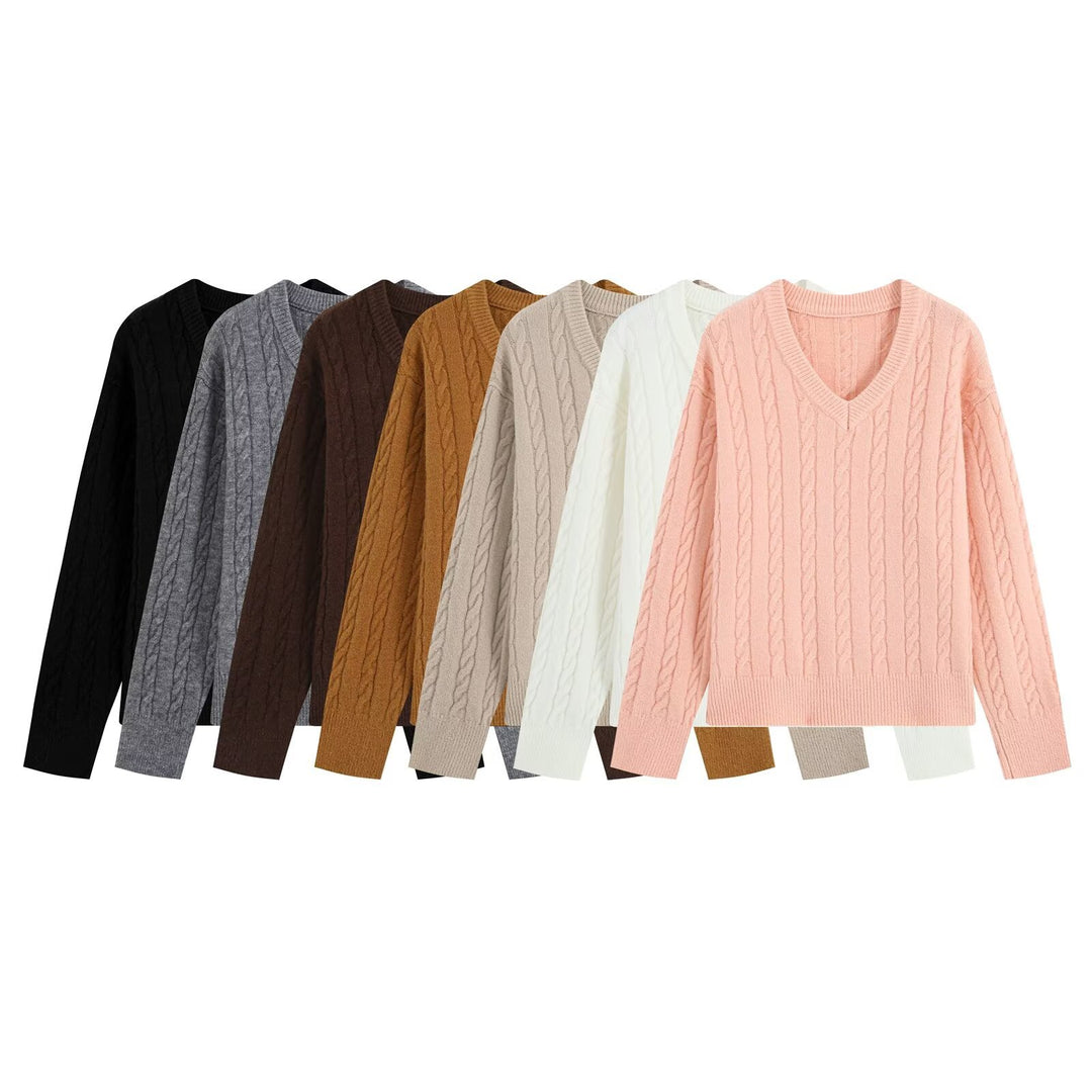 Women's Oversize Cable Knit Sweater with V-Neck and Wide Ribbed Cuff Mune Fashion