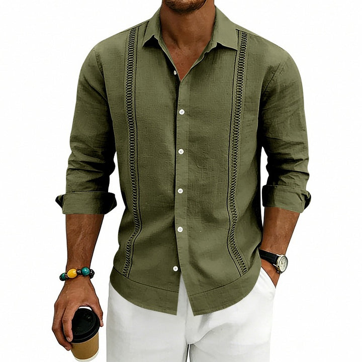 Men's Lightweight Cotton Long Sleeve Shirt with Decorative Stitches and Kent Collar Mune Fashion