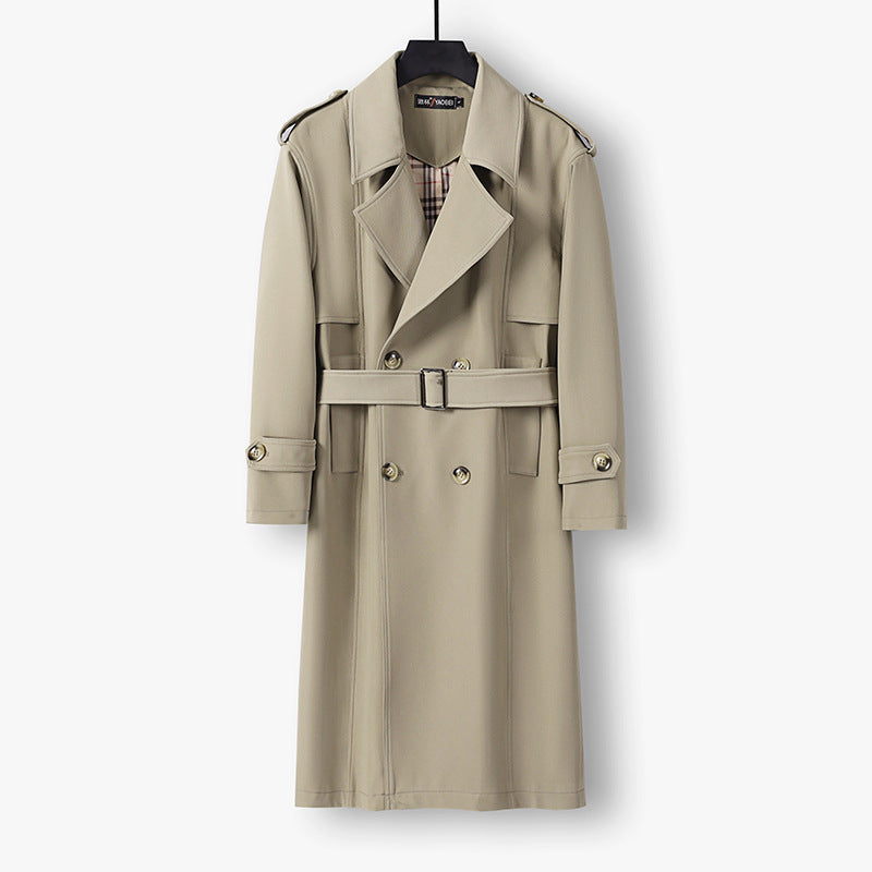 Men's Midi Length Double Breasted Trench Coat with Waist Belt, Notched Lapel and Checked Lining Mune Fashion