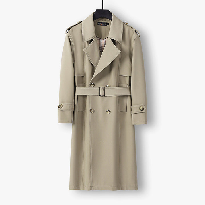 Men's Midi Length Double Breasted Trench Coat with Waist Belt, Notched Lapel and Checked Lining Mune Fashion