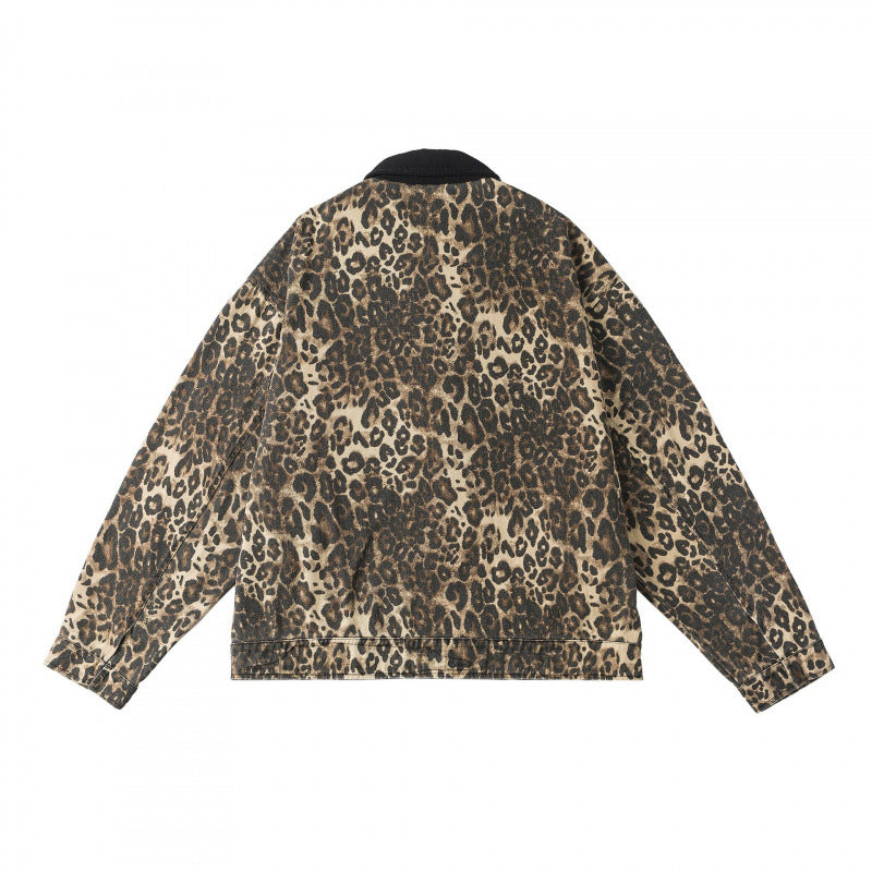 Unisex Boxy Denim Jacket in Leopard Print with Corduroy Collar, Zipper and Fringe Trim Mune Fashion