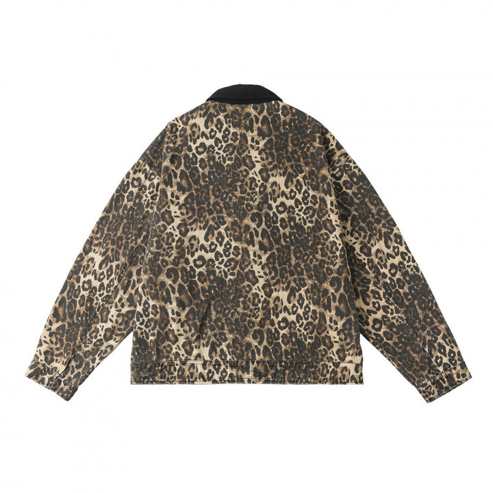 Unisex Boxy Denim Jacket in Leopard Print with Corduroy Collar, Zipper and Fringe Trim Mune Fashion