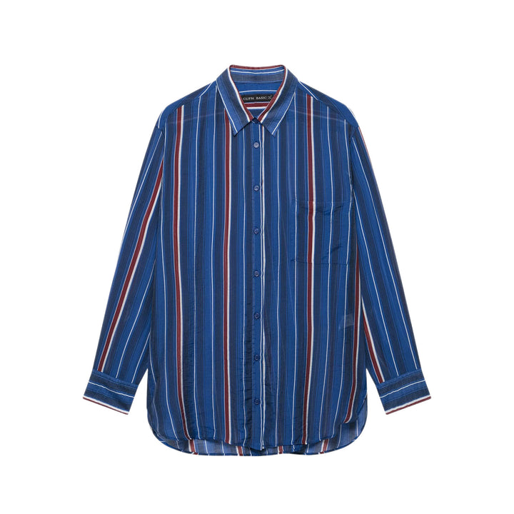Women Oversize Shirt with Vertical Stripes and Chest Pocket Mune Fashion