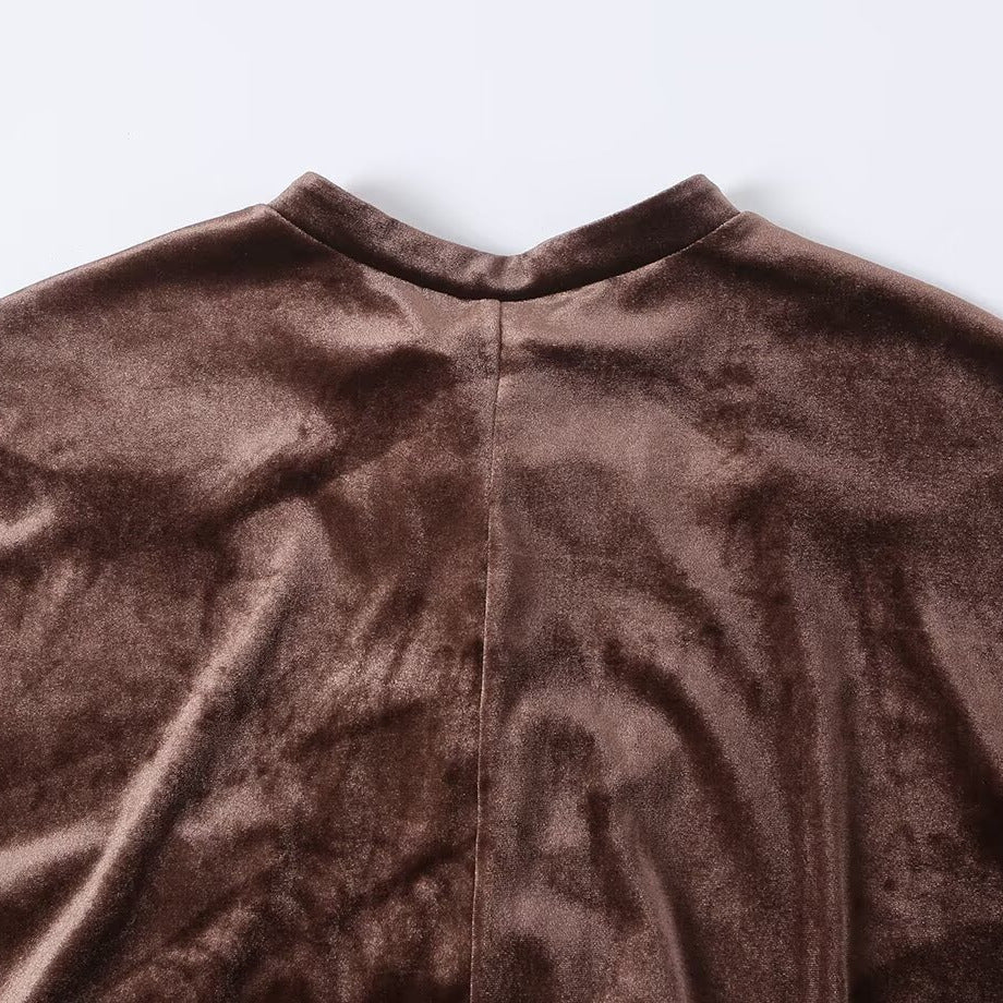 Women's Long Velvet Kimono-Style Coat with Mandarin Collar and Knot Closures Mune Fashion