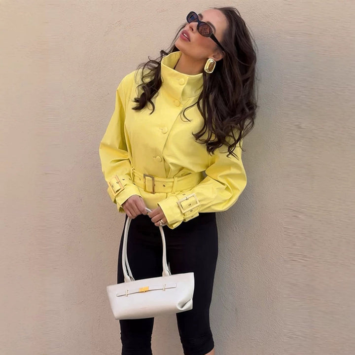 Women's short jacket with waist belt, high stand-up collar, and decorative cuffs Mune Fashion