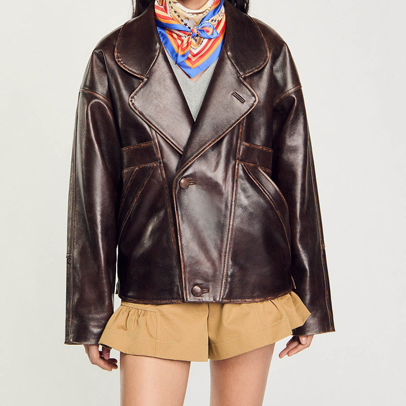Women Short Cut Oversized Leather Jacket with Round Collar and Flap Pockets Mune Fashion