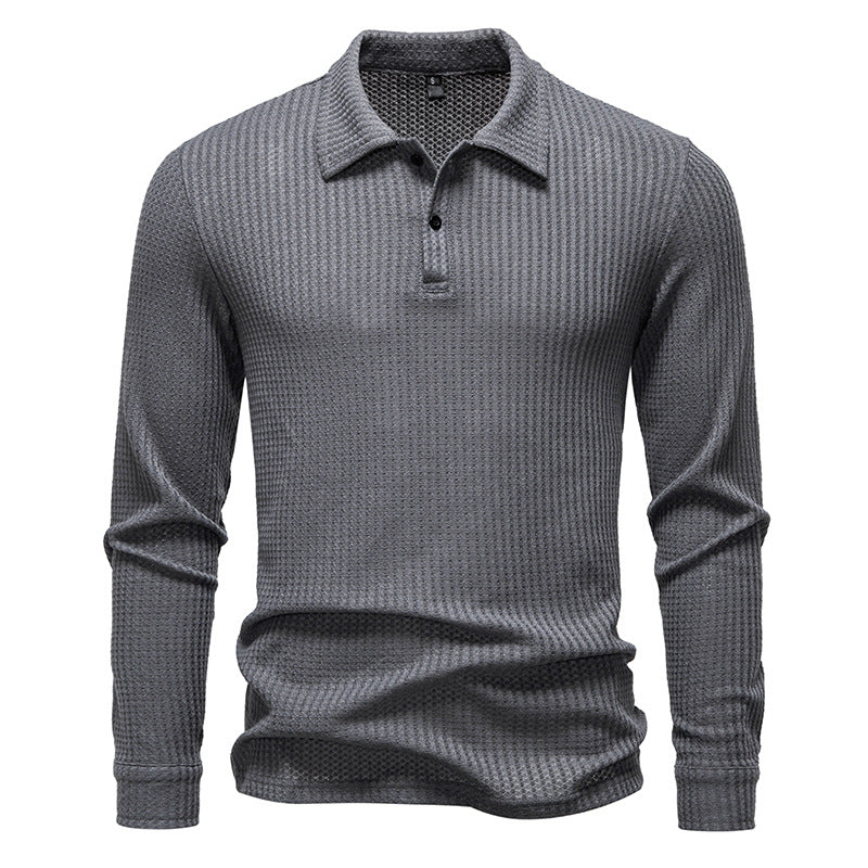 Men's Waffle Knit Polo Shirt with Half Button Placket and Shirt Collar Mune Fashion