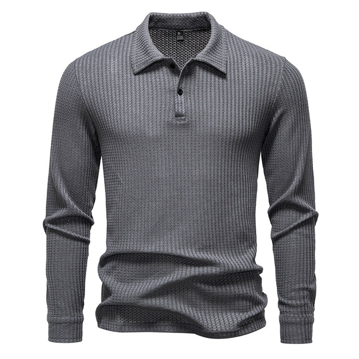 Men's Waffle Knit Polo Shirt with Half Button Placket and Shirt Collar Mune Fashion