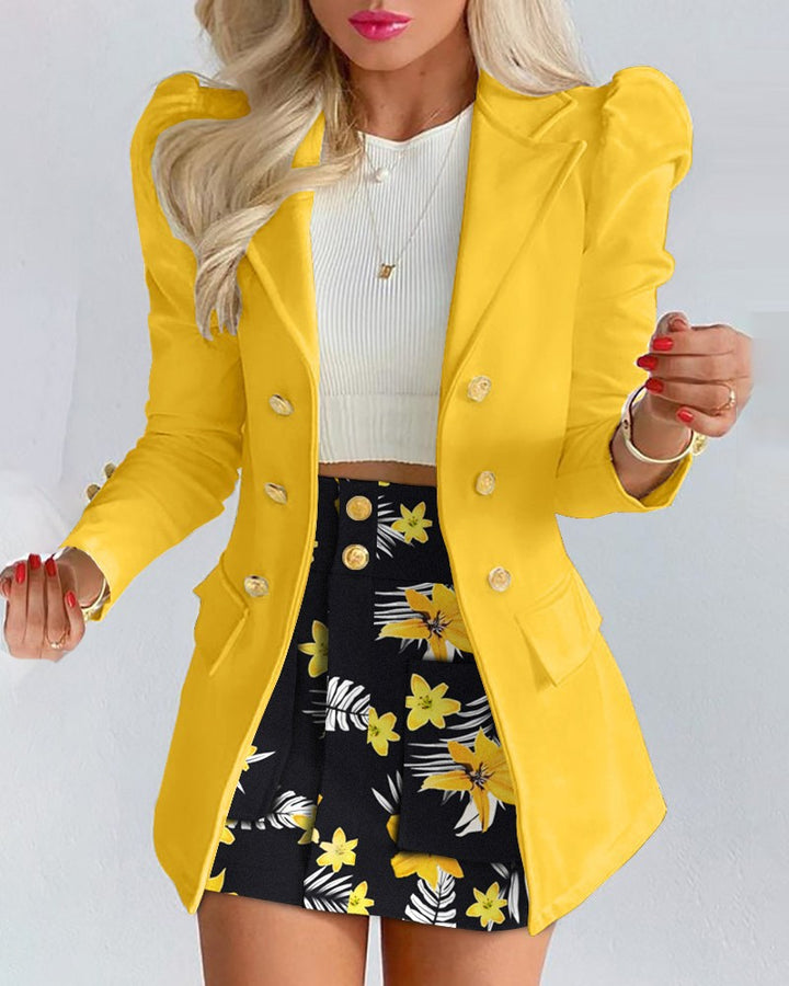 Women Two-piece checked blazer and mini skirt set with accentuated puff sleeves and gold buttons Mune Fashion