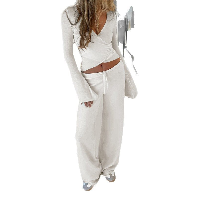 Women Wide High-Waist Lounge Pants made of Fine Knit with Drawstring Mune Fashion