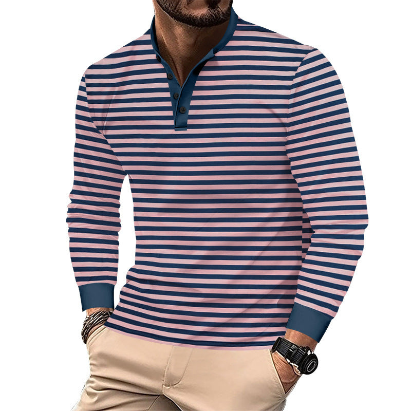 Men's striped long-sleeve Henley shirt with stand-up collar, slim fit and elastic cotton mix Mune Fashion