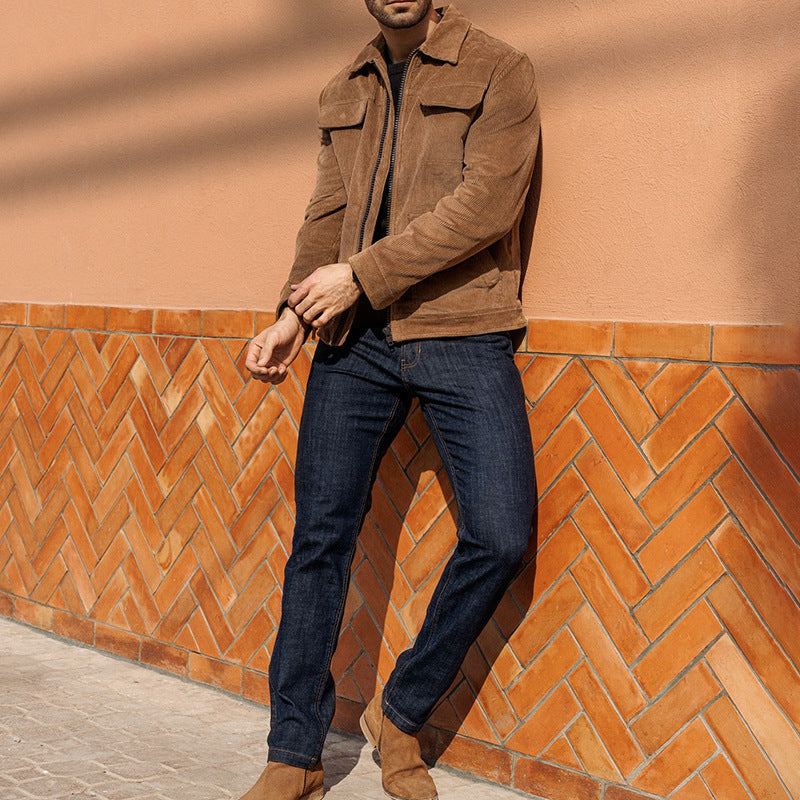 Men's short jacket made of fine corduroy with a shirt collar, zipper, and flap pockets Mune Fashion