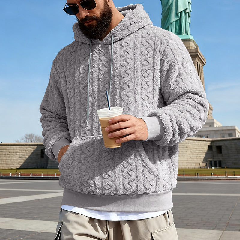 Men's Lined Sherpa Hoodie with Cable Knit Pattern and Hood Mune Fashion