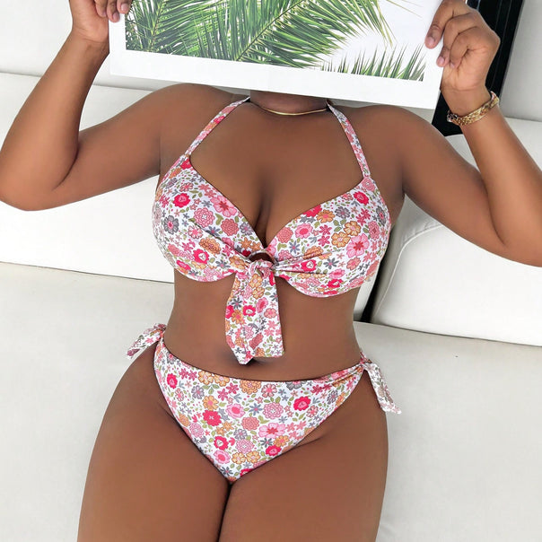 Women's Triangle Bikini with Floral Design and Playful Tie Band Mune Fashion
