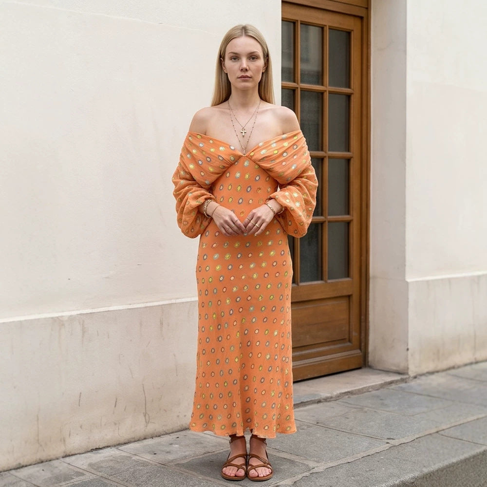 Women Elegant Off-Shoulder Maxi Dress with Twisted Front and Balloon Sleeves Mune Fashion